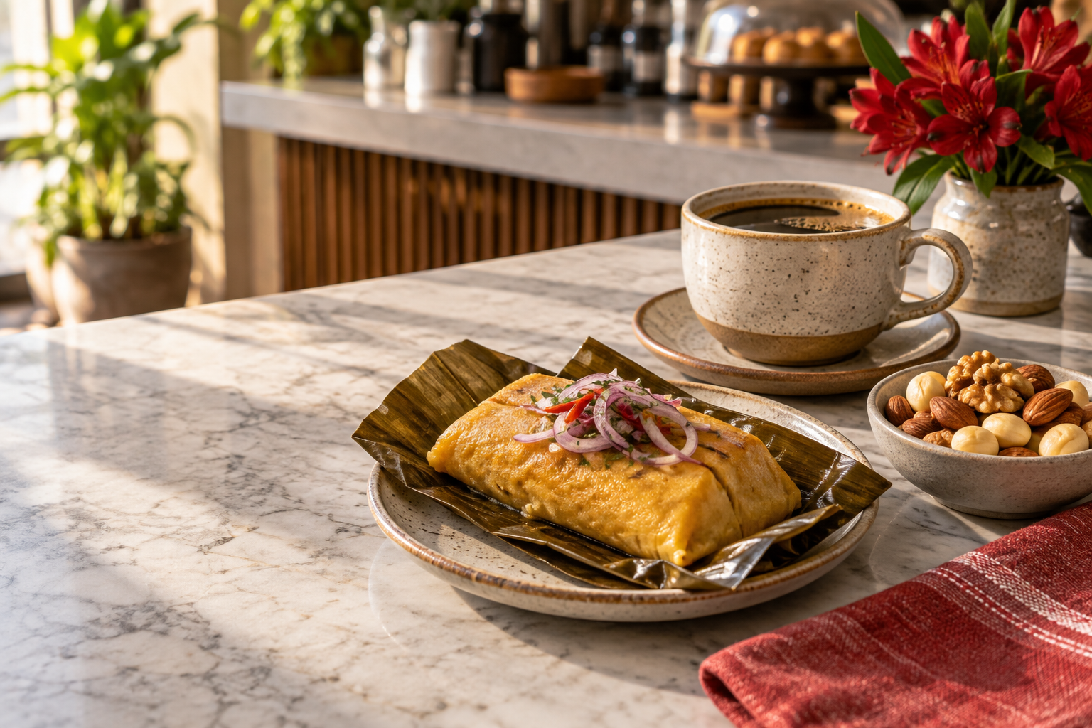 Escena referencial con café, tamal y frutos secos